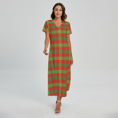 Christmas Buffalo Plaid Print Short Sleeve Maxi Dress
