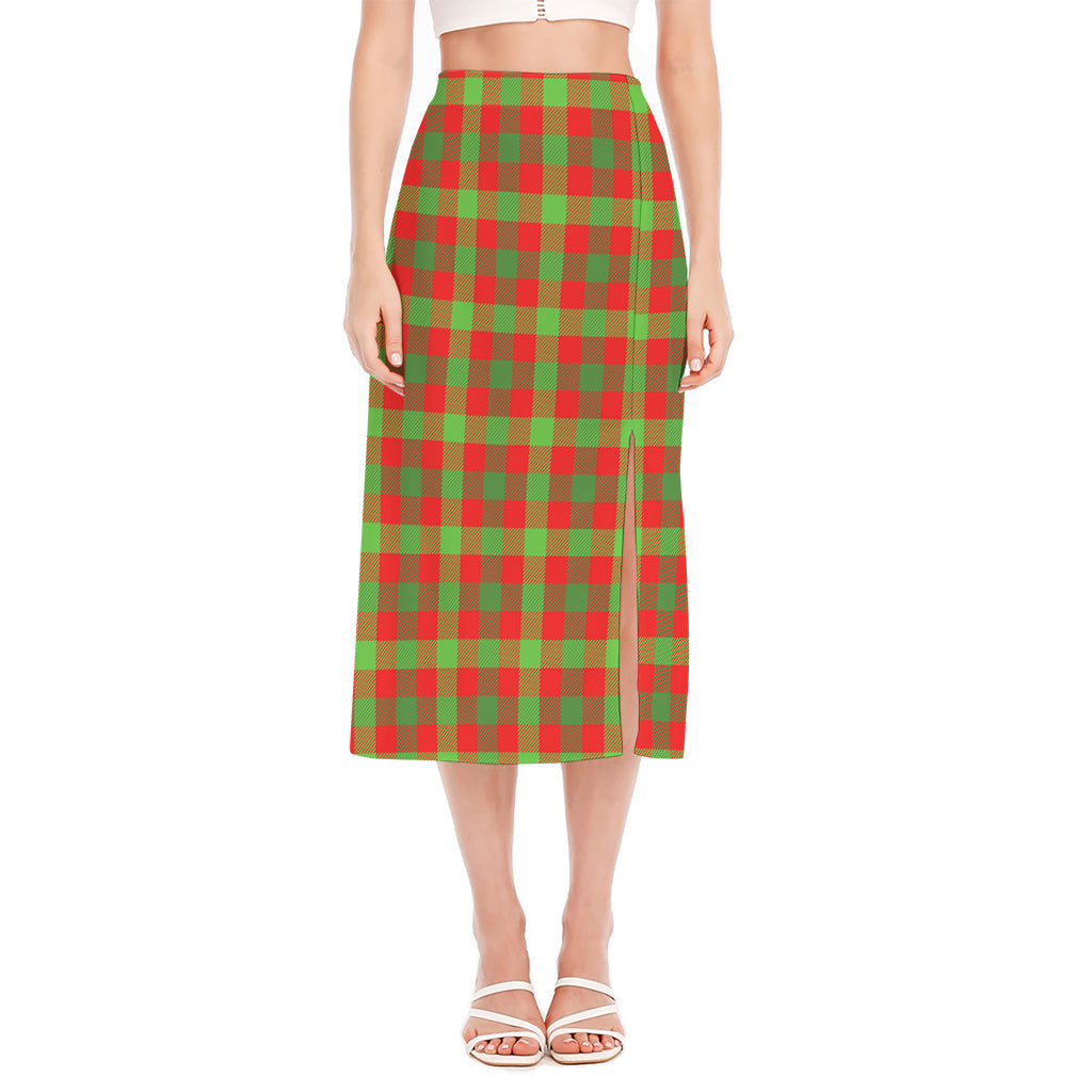 Christmas Buffalo Plaid Print Side Slit Midi Skirt