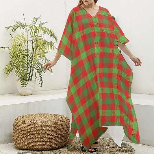 Christmas Buffalo Plaid Print Silk V-Neck Kaftan Dress