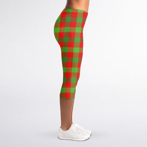 Christmas Buffalo Plaid Print Women's Capri Leggings