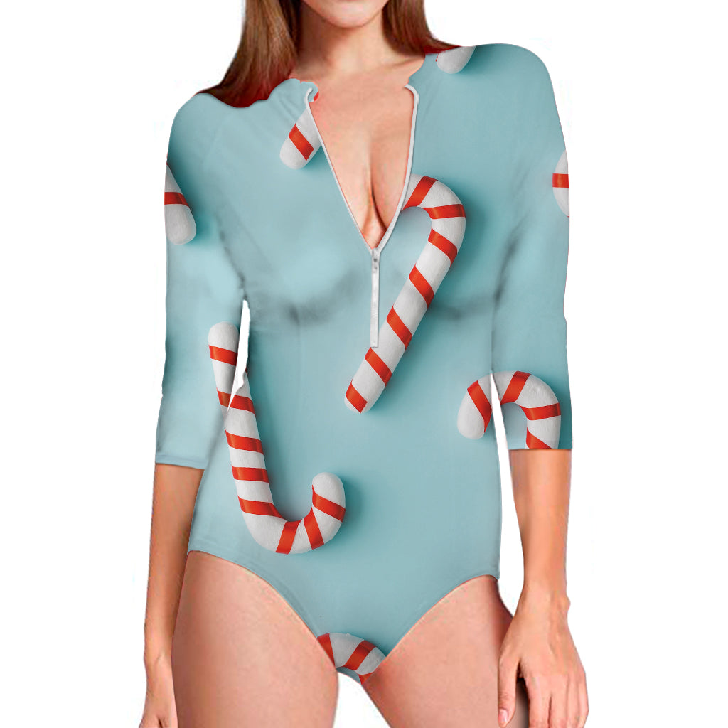 Christmas Candy Candies Pattern Print Long Sleeve Swimsuit