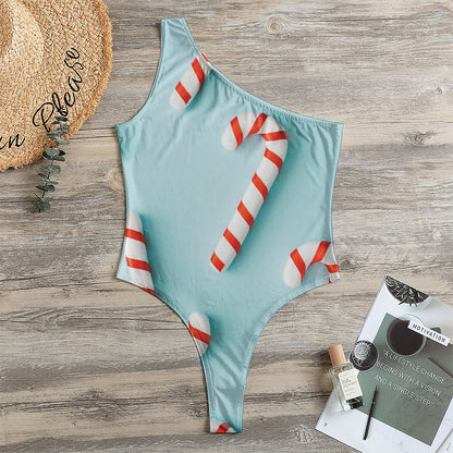Christmas Candy Candies Pattern Print One Shoulder Bodysuit