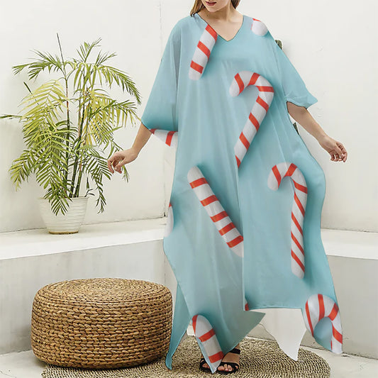 Christmas Candy Candies Pattern Print Silk V-Neck Kaftan Dress