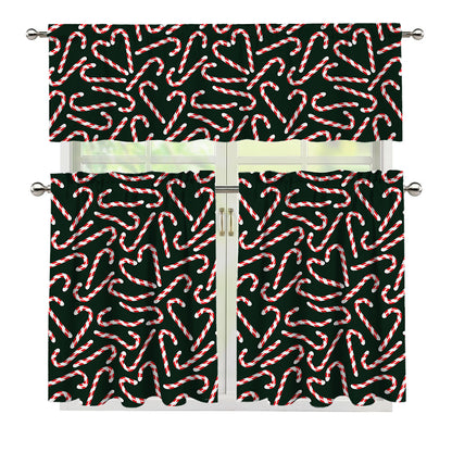 Christmas Candy Cane Pattern Print 3 Piece Kitchen Curtains