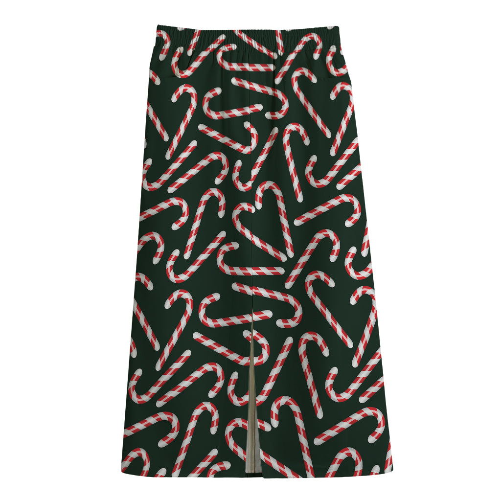 Christmas Candy Cane Pattern Print Cotton Front Slit Maxi Skirt