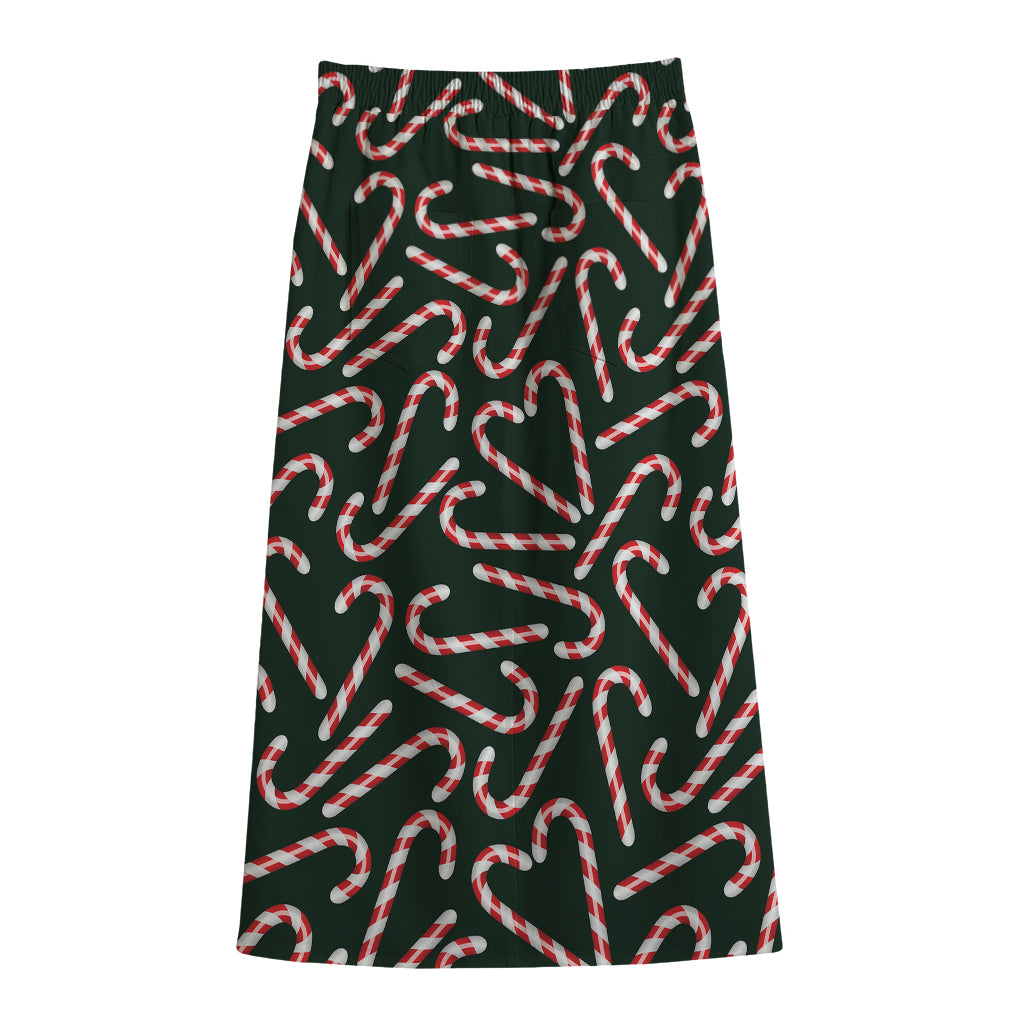 Christmas Candy Cane Pattern Print Cotton Front Slit Maxi Skirt