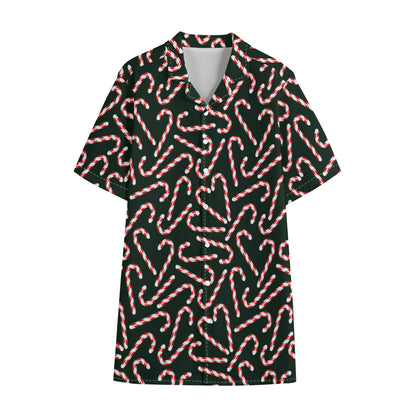 Christmas Candy Cane Pattern Print Cotton Hawaiian Shirt