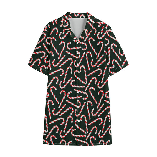 Christmas Candy Cane Pattern Print Cotton Hawaiian Shirt
