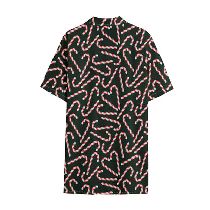 Christmas Candy Cane Pattern Print Cotton Hawaiian Shirt