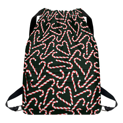 Christmas Candy Cane Pattern Print Drawstring Backpack