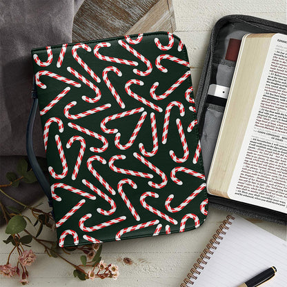 Christmas Candy Cane Pattern Print Leather Bible Cover
