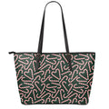 Christmas Candy Cane Pattern Print Leather Tote Bag With Zipper