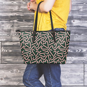 Christmas Candy Cane Pattern Print Leather Tote Bag