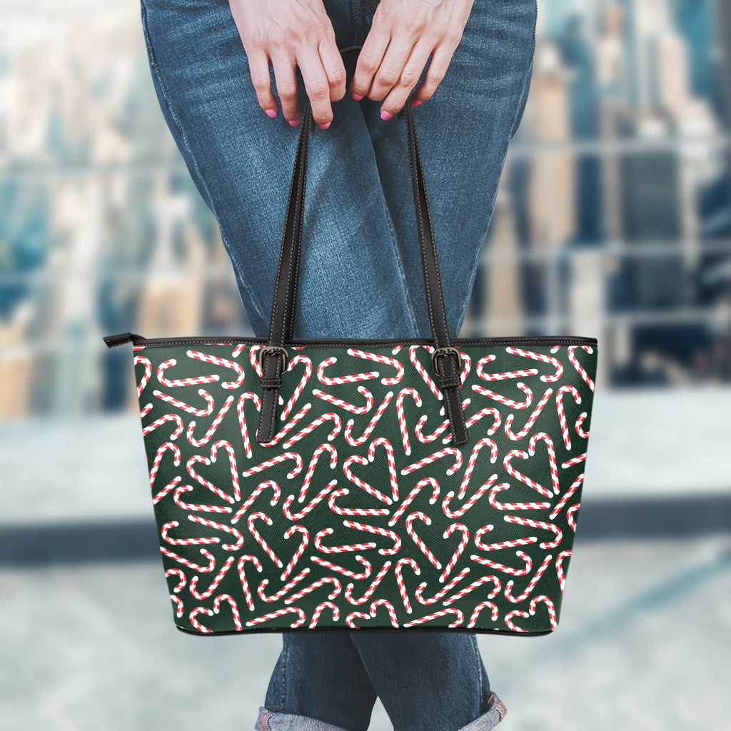 Christmas Candy Cane Pattern Print Leather Tote Bag