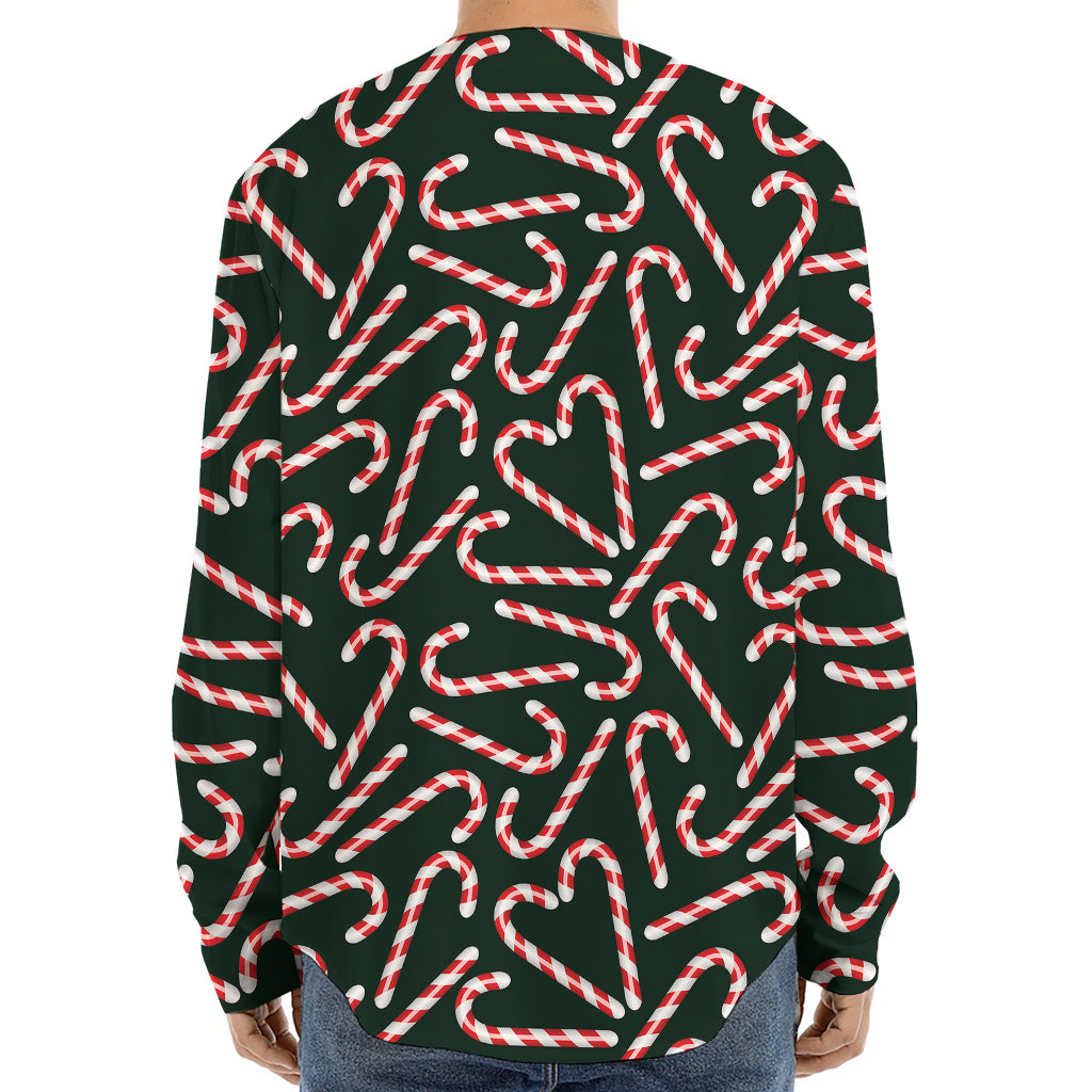 Christmas Candy Cane Pattern Print Long Sleeve Baseball Jersey