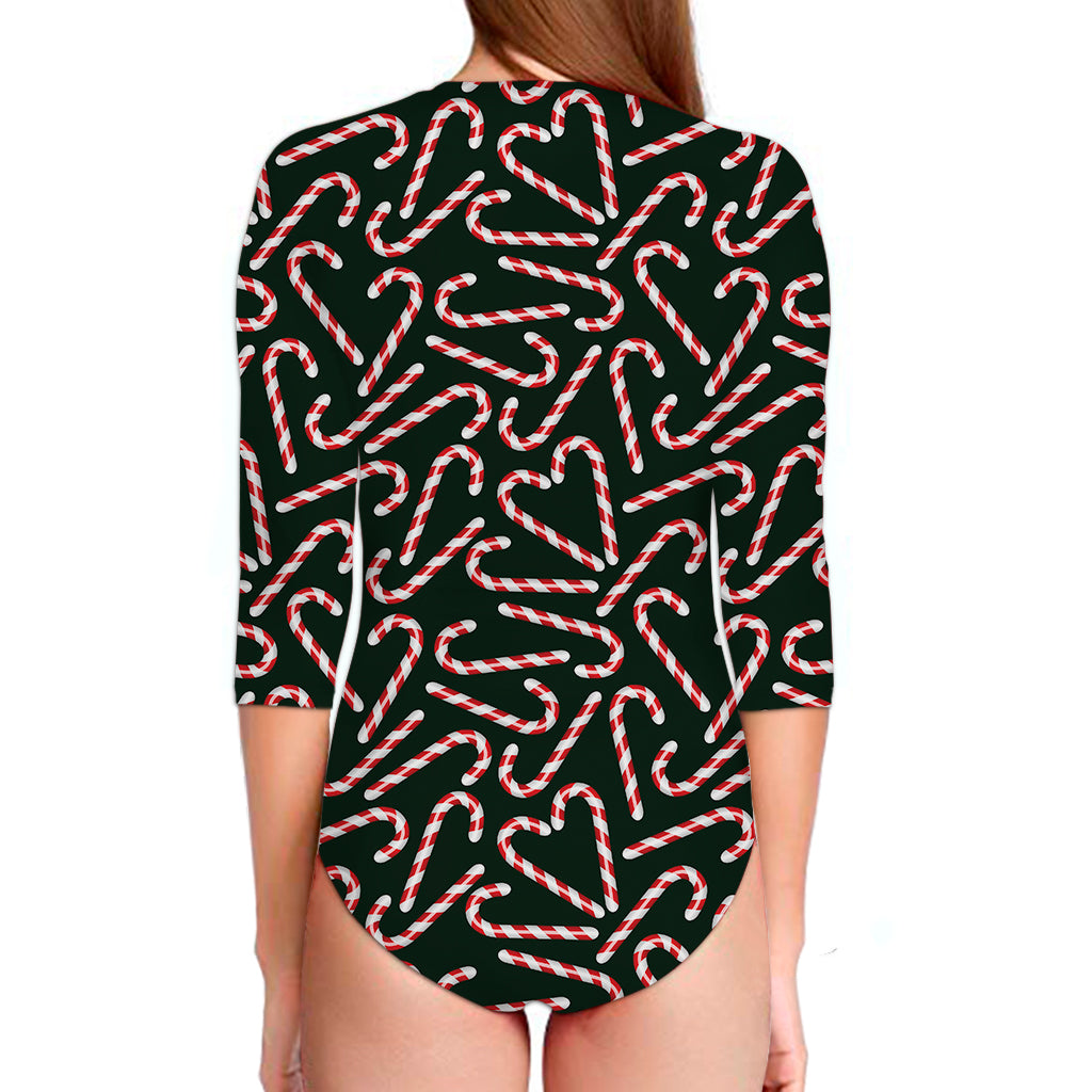 Christmas Candy Cane Pattern Print Long Sleeve Swimsuit