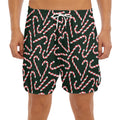 Christmas Candy Cane Pattern Print Men's Split Running Shorts
