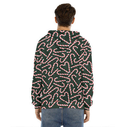 Christmas Candy Cane Pattern Print Men's Velvet Pullover Hoodie