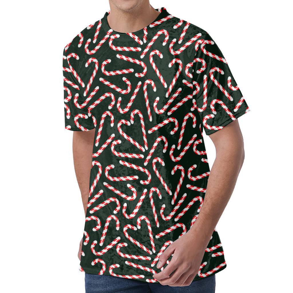 Christmas Candy Cane Pattern Print Men's Velvet T-Shirt