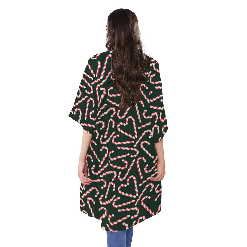 Christmas Candy Cane Pattern Print Open Front Beach Cover Up