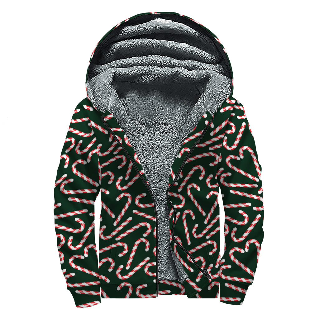 Christmas Candy Cane Pattern Print Sherpa Lined Zip Up Hoodie