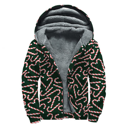 Christmas Candy Cane Pattern Print Sherpa Lined Zip Up Hoodie
