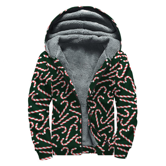 Christmas Candy Cane Pattern Print Sherpa Lined Zip Up Hoodie