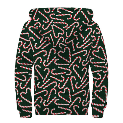 Christmas Candy Cane Pattern Print Sherpa Lined Zip Up Hoodie