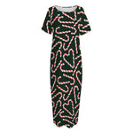 Christmas Candy Cane Pattern Print Short Sleeve Long Nightdress