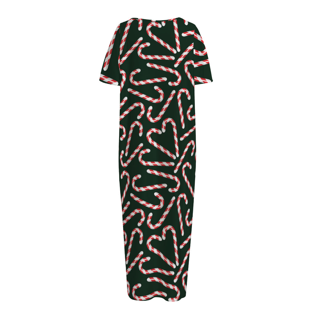 Christmas Candy Cane Pattern Print Short Sleeve Long Nightdress