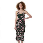 Christmas Candy Cane Pattern Print Slim Fit Midi Cami Dress