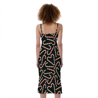 Christmas Candy Cane Pattern Print Slim Fit Midi Cami Dress