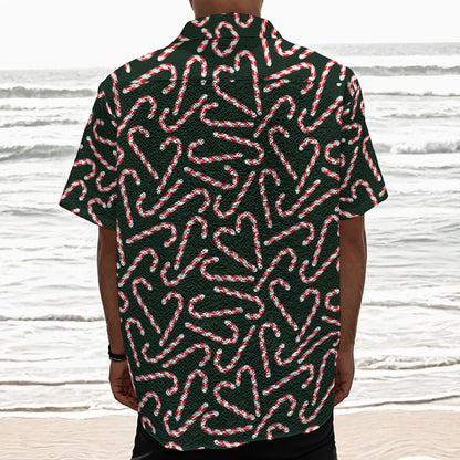 Christmas Candy Cane Pattern Print Textured Short Sleeve Shirt