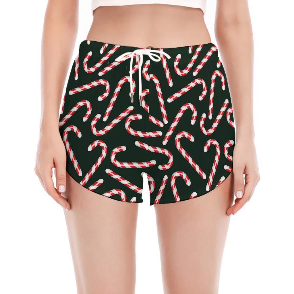 Christmas Candy Cane Pattern Print Women's Split Running Shorts