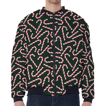Christmas Candy Cane Pattern Print Zip Sleeve Bomber Jacket
