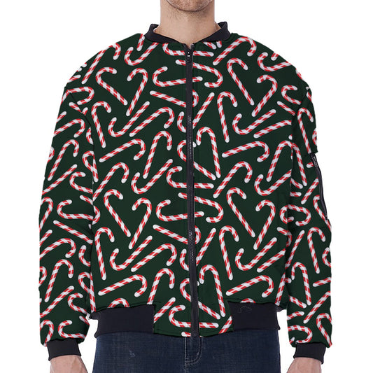 Christmas Candy Cane Pattern Print Zip Sleeve Bomber Jacket