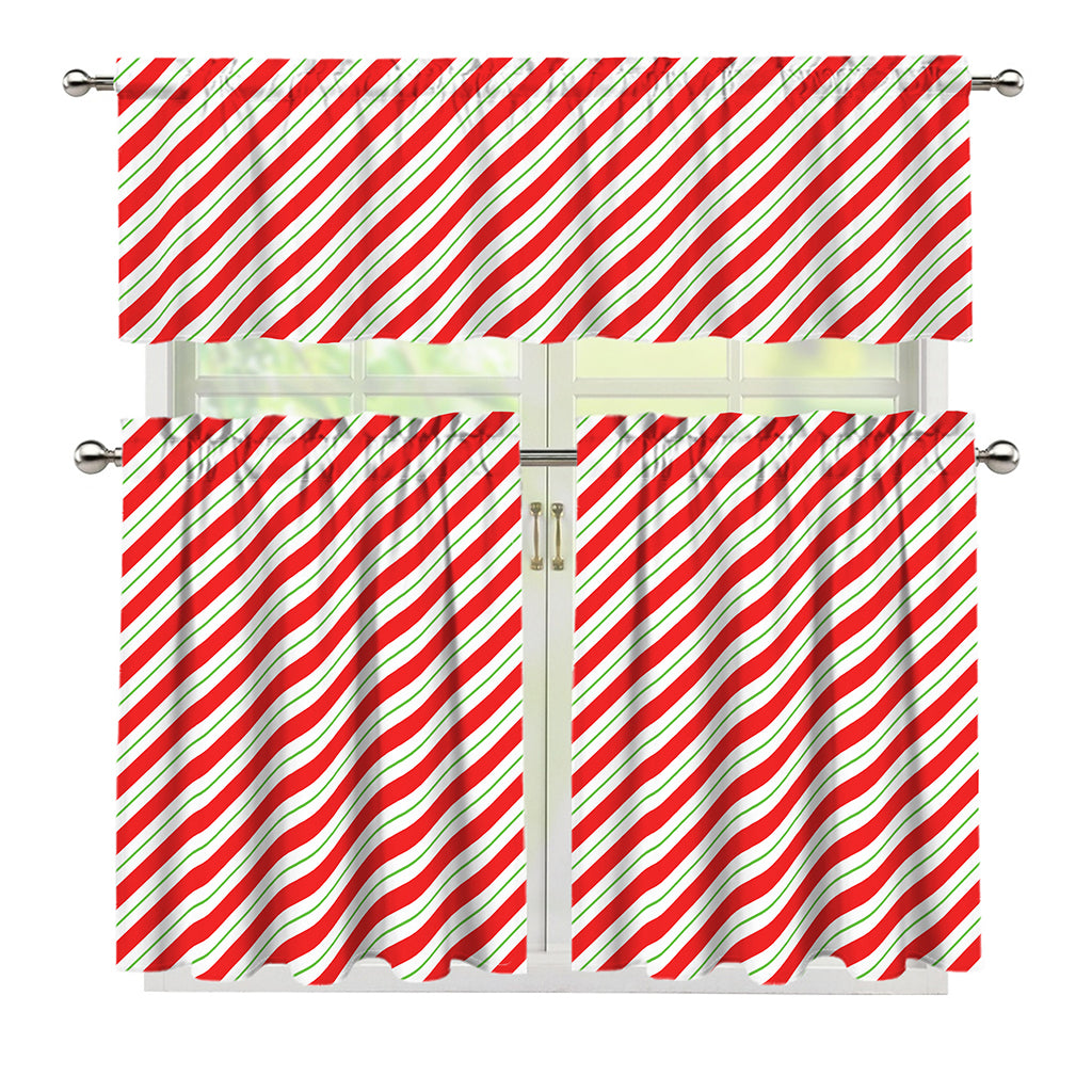 Christmas Candy Cane Stripe Print 3 Piece Kitchen Curtains