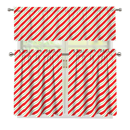 Christmas Candy Cane Stripe Print 3 Piece Kitchen Curtains