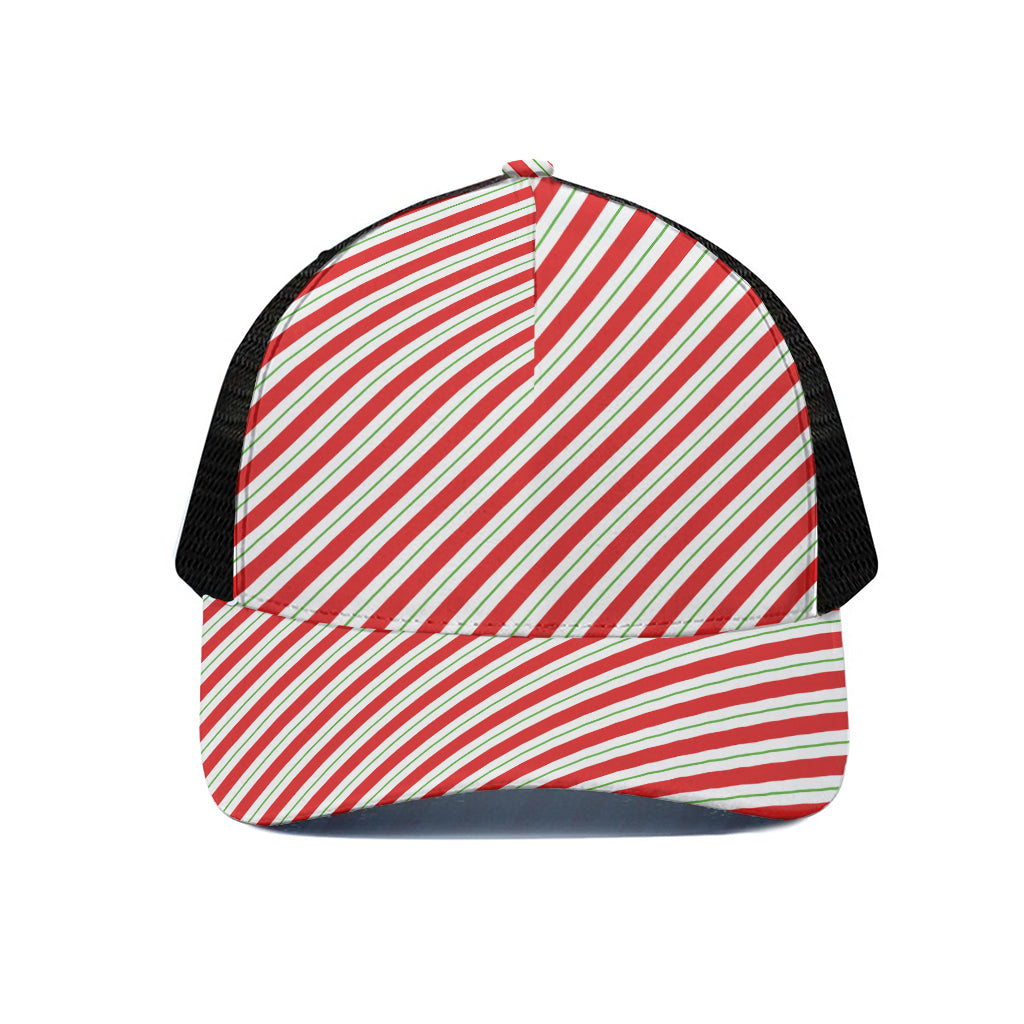 Christmas Candy Cane Stripe Print Black Mesh Trucker Cap