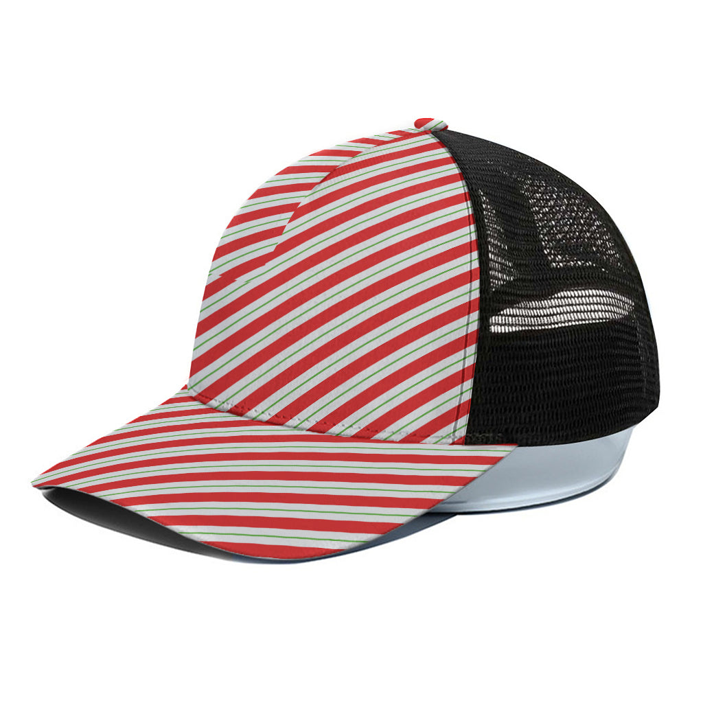 Christmas Candy Cane Stripe Print Black Mesh Trucker Cap