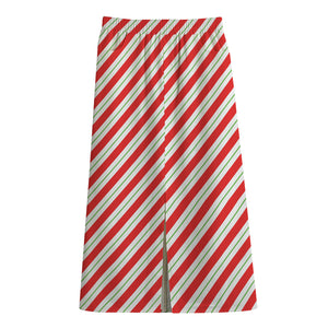 Christmas Candy Cane Stripe Print Cotton Front Slit Maxi Skirt