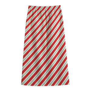 Christmas Candy Cane Stripe Print Cotton Front Slit Maxi Skirt