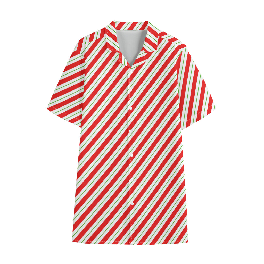 Christmas Candy Cane Stripe Print Cotton Hawaiian Shirt