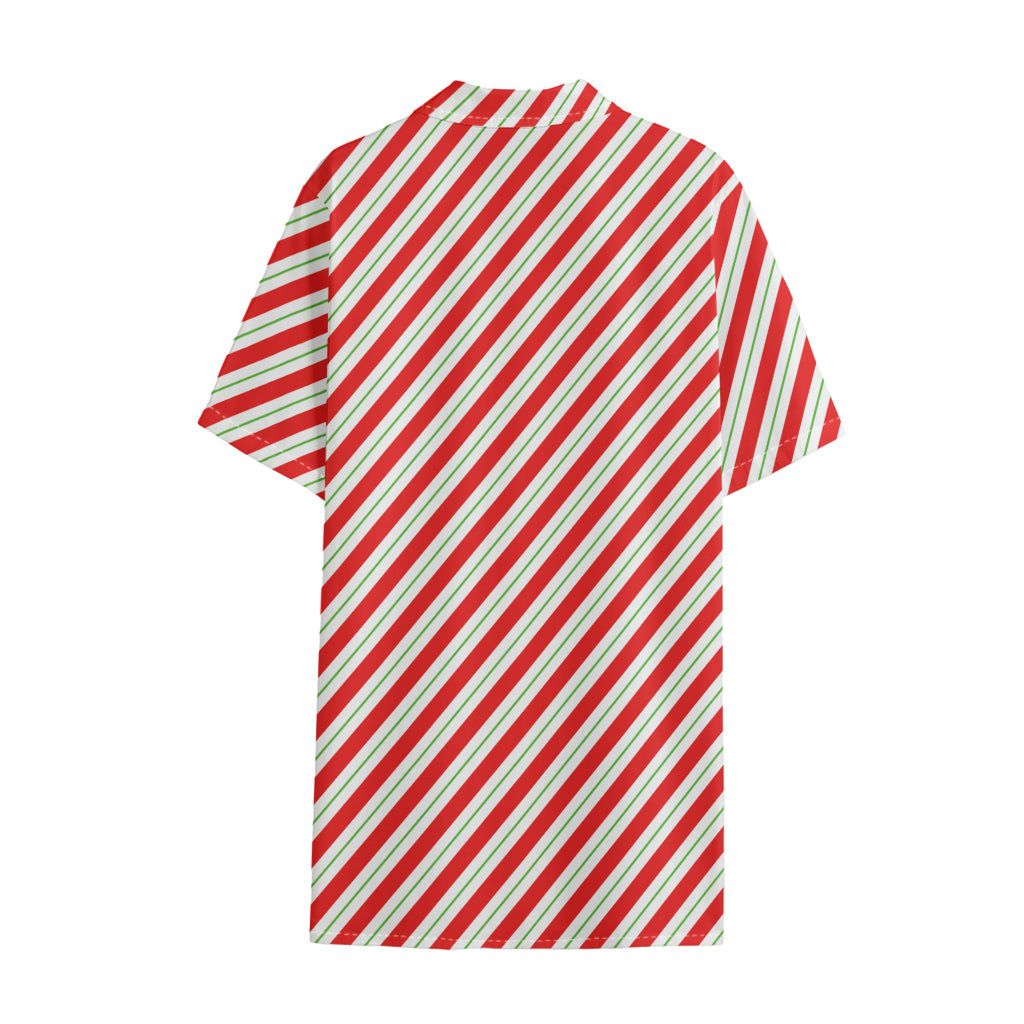 Christmas Candy Cane Stripe Print Cotton Hawaiian Shirt