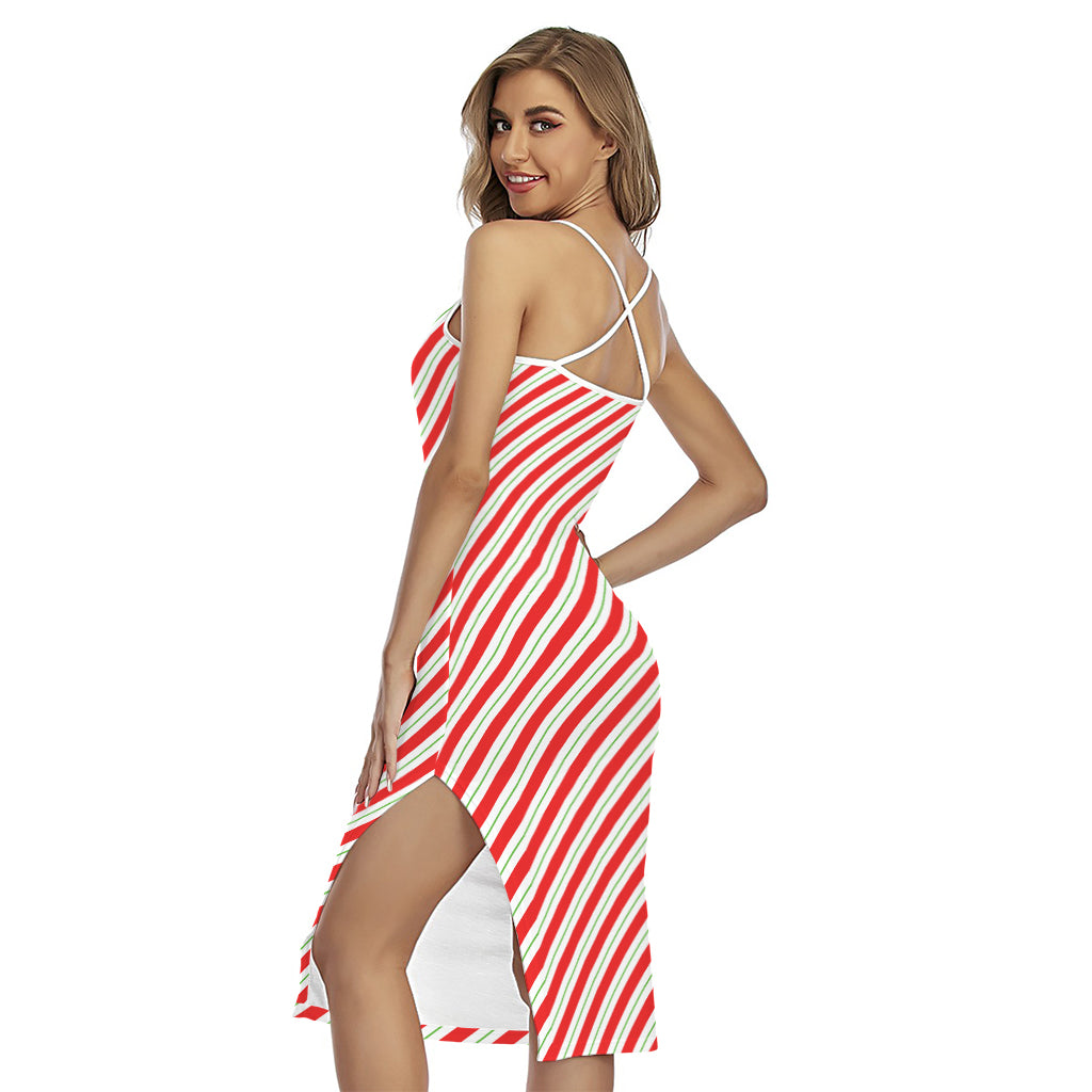 Christmas Candy Cane Stripe Print Cross Back Cami Dress