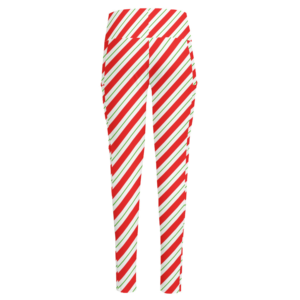 Christmas Candy Cane Stripe Print High-Waisted Pocket Leggings