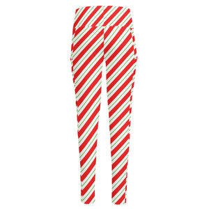 Christmas Candy Cane Stripe Print High-Waisted Pocket Leggings