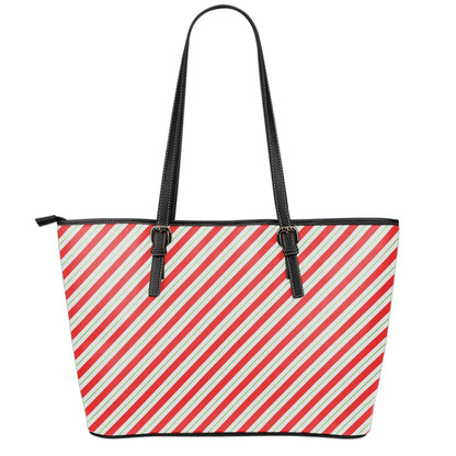 Christmas Candy Cane Stripe Print Leather Tote Bag