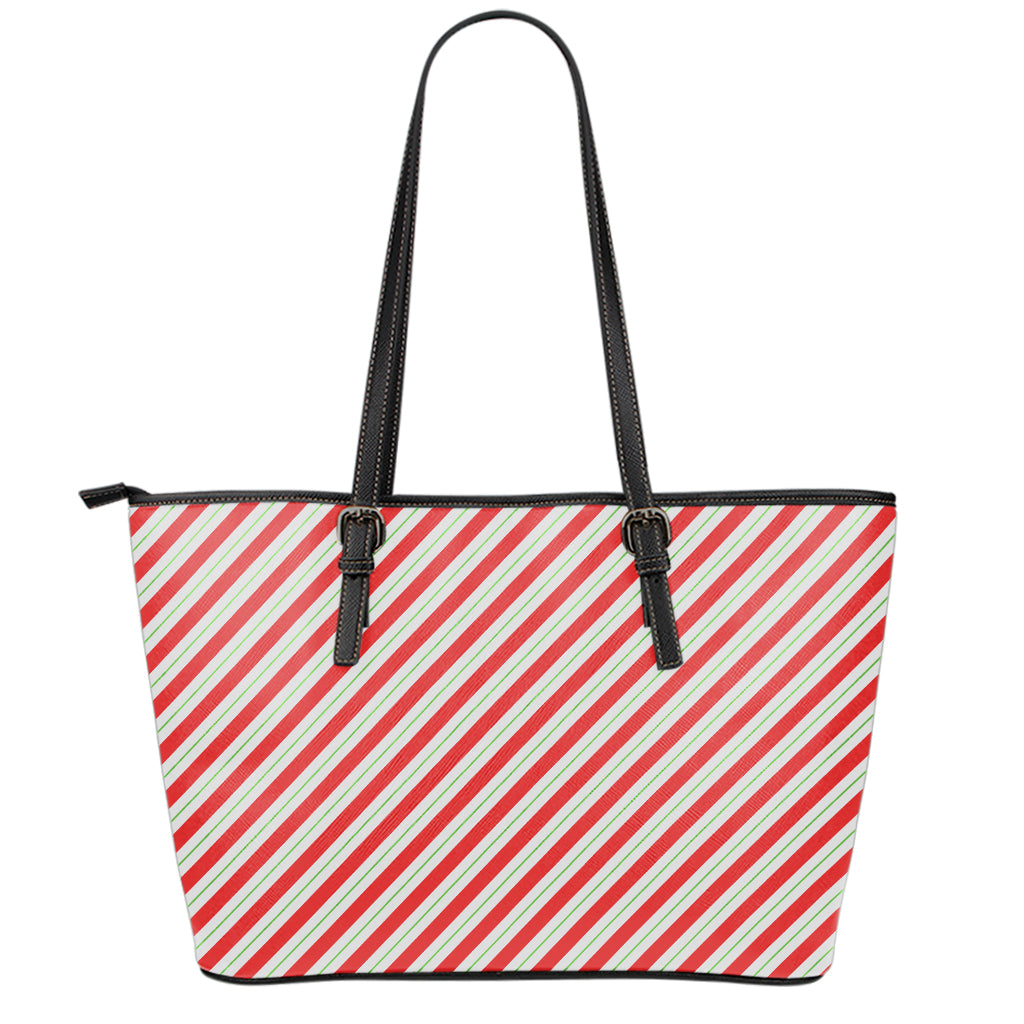 Christmas Candy Cane Stripe Print Leather Tote Bag