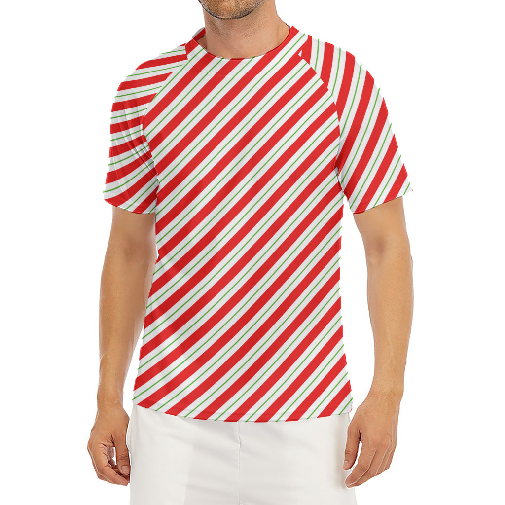 Christmas Candy Cane Stripe Print Men's Short Sleeve Rash Guard